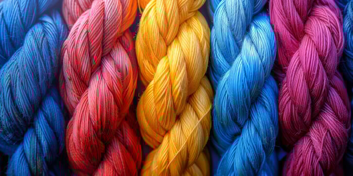 Vibrant braided yarn textures in various colors, perfect for knitting, crafts, and textile art designs. photo