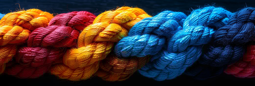 Vibrant braided rope with red, yellow, and blue strands on dark background, showcasing artistic colorful design photo