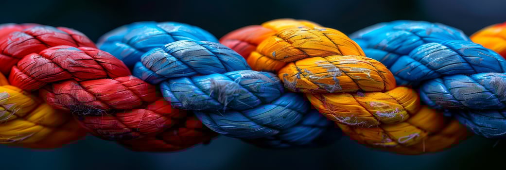 Vibrant braided rope with red, yellow, and blue strands on dark background, showcasing artistic colorful design photo