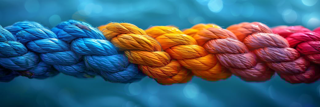 A close-up of a multicolored braided rope featuring gradient shades of blue, pink, orange, and yellow. photo