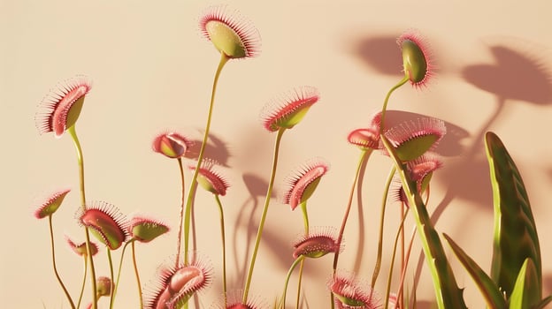 Exotic venus fly trap casting shadows on wall photo. Insectivorous plant from tropical wetlands image background wallpaper. Dionaea muscipula houseplant concept picture realistic photo