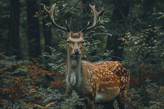 Deer with large antlers against a forest background. Wild autumn forest. Generated by artificial intelligence photo