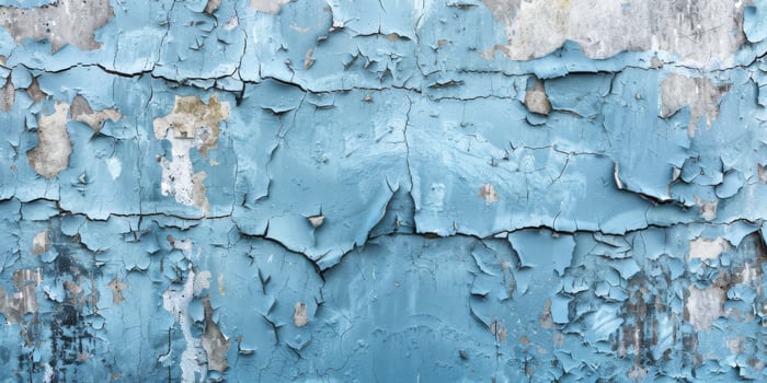 A detailed view of weathered blue paint peeling off an old wall, revealing a textured and worn surface photo