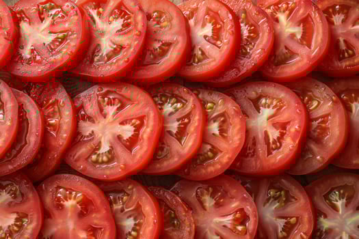 Close-up of fresh, juicy tomato slices arranged in a vibrant, appetizing pattern photo