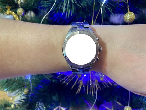 A view of the quartz watch dial with a stainless steel strap on the arm with a mockup photo