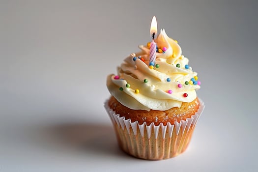 Celebration. birthday cupcake with candles. Confetti. Background image. Created with technology. photo