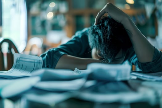 Desperate man while looking at bills on his desk. photo