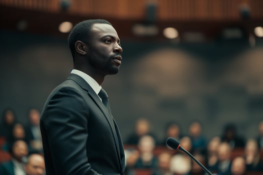 African American man speaking at podium with copy space photo