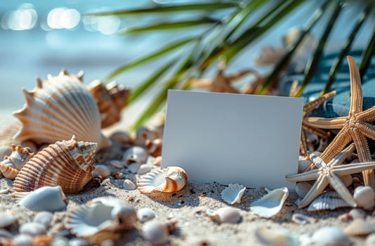 Blank card on sandy beach with seashells, starfish, and palm leaves in sunlight, tropical scene photo