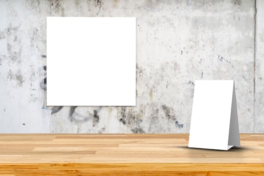 Stand Mock up Menu frame tent card blurred background design key visual layout. photo