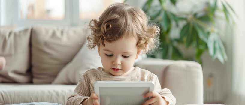 Adorable young child using a tablet while seated on a couch in a cozy living room with soft natural lighting and a houseplant in the background. photo