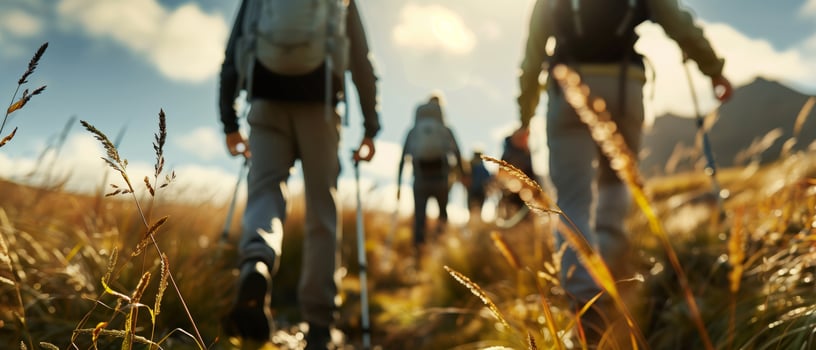 Group of hikers trekking through a grassy mountain trail under a bright sunny sky, capturing the essence of adventure and nature exploration. photo