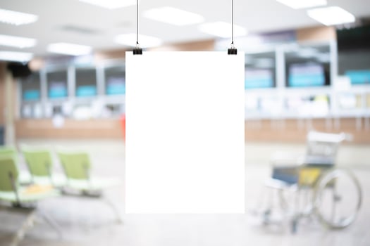 White hospital corridor with doors and white chairs for patients waiting for the doctor visit. A poster. photo