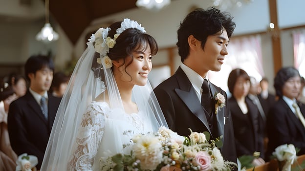 Bride and groom on wedding day , Asia photo