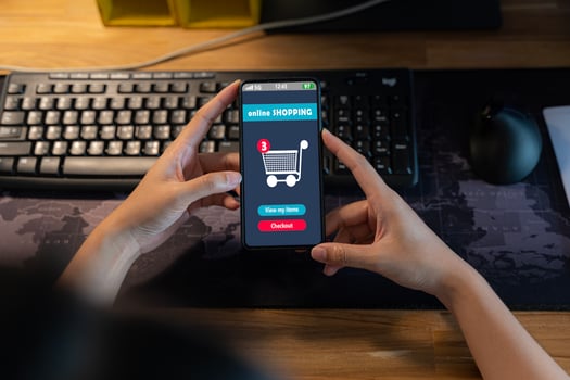 Online shopping, online store application in a smartphone. 24 hours online shopping on smartphone. Digital marketing on online store and e payment technology. photo