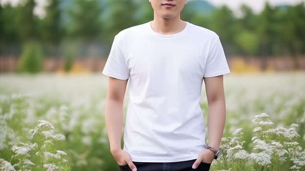 Man in cotton tshirt template stands in blooming field of white flowers. Male model t-shirt mockup advertising image. Design short-sleeved. Casual apparel mock up product photorealistic photo