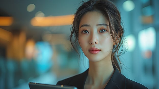 Poised young professional korean woman looking at camera portrait image. Female serious expression picture photorealistic photography. Dedication in business concept photo realistic