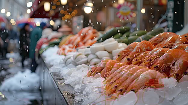 Freshly seafood on ice at a bustling fish market photo