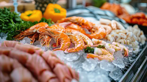 Freshly seafood on ice at a bustling fish market photo