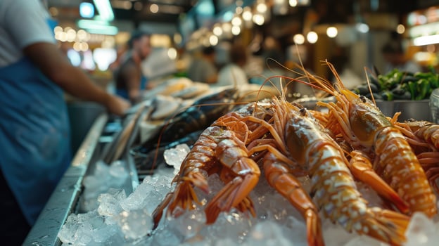 Freshly seafood on ice at a bustling fish market photo