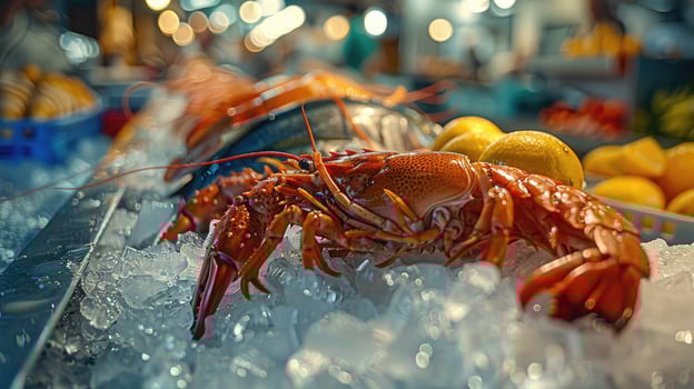 Freshly seafood on ice at a bustling fish market photo