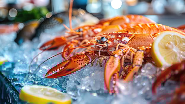 Freshly seafood on ice at a bustling fish market photo