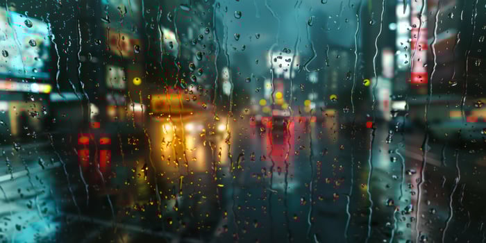 Rain on window with colorful city lights blurred in bokeh, capturing the essence of a rainy urban night. photo