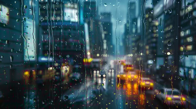 Rain on window with colorful city lights blurred in bokeh, capturing the essence of a rainy urban night. photo