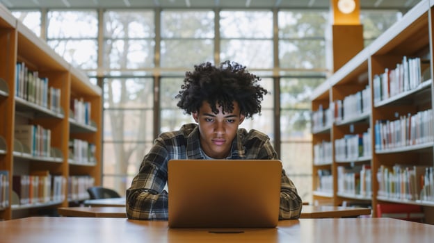 a young man is sitting in front of a laptop in a library photo