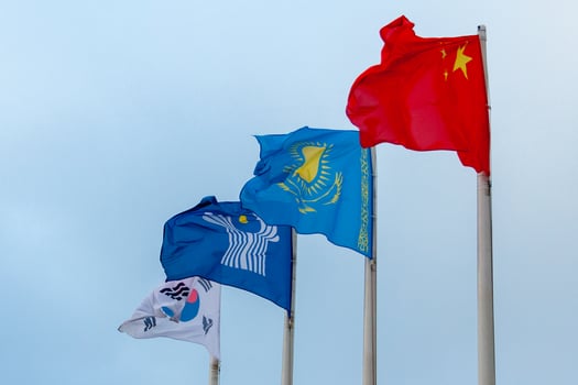 View of the flags of China, Kazakhstan, South Korea and Commonwealth of Independent States on the background of cloudy sky photo