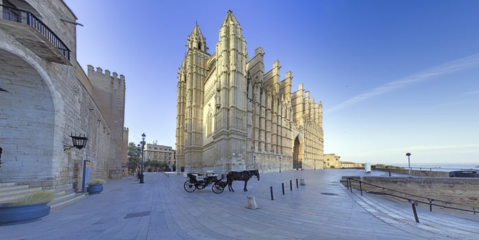 Panoramic image of Palma de Mallorca Cathedral in the evening light photo