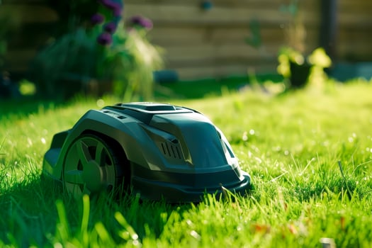 Robotic lawn mowers for effortless maintenance, solid color background photo