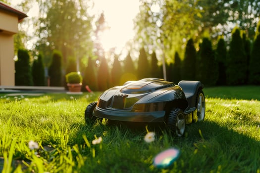 Robotic lawn mowers for effortless maintenance, solid color background photo
