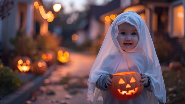 Toddler dressed as a ghost holding a jack-o'-lantern bucket on Halloween night, with glowing pumpkins and street lights. photo