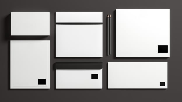 Flat lay of white office stationery mockup arranged on dark gray background. Notepads, pencils, envelopes template advertising image. Minimalist organized mock up products photorealistic photo