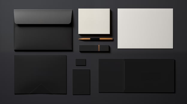 Flat lay of black white office stationary mockup organized on dark background. Black envelope, pen, blank cards template advertising image. Professional and stylish mock up products photo