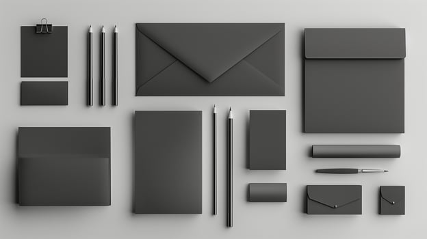 Flat lay of black corporate stationary mockup organized neatly on light gray. Envelopes, pencils, notepad pages template advertising image. Minimalist mock up products photorealistic photo
