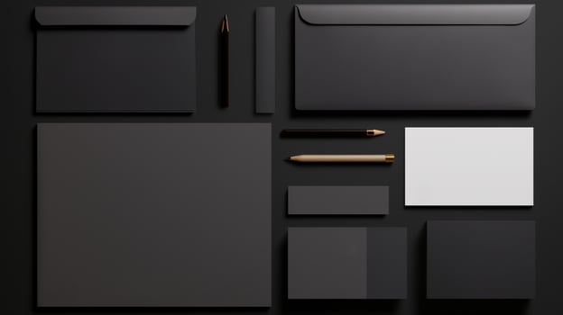 Flatlay of sophisticated office stationery mockup arranged on black background. Luxurious, professional workspace template advertising image. Paper cards, envelopes mock up products photo