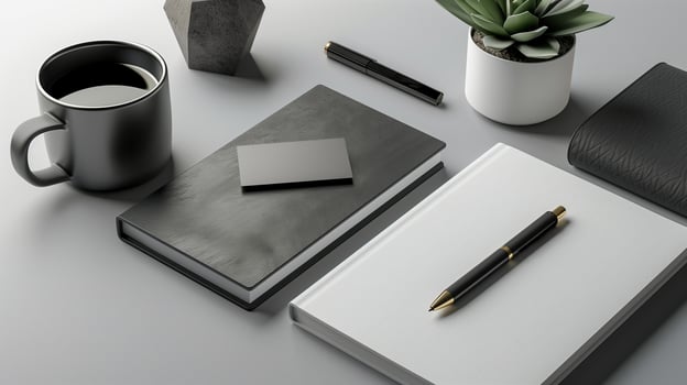 Black and white office supplies mockup on gray surface. Coffee mug, blank notebooks template advertising image. Stylish desk. Potted plant, business card mock up product photorealistic photo