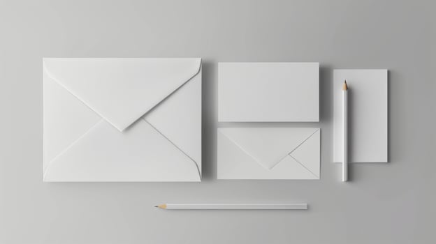 Flat lay of white stationery items mockup on light grey background. Two envelopes, pencil and note cards template advertising image. Clean and minimalistic design mock up photorealistic photo
