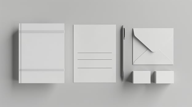 Flat lay of minimalistic white stationery items mockup. Notebook, blank sheet, pen, envelope templates advertising image. Monochromatic scheme mock up products photorealistic photo