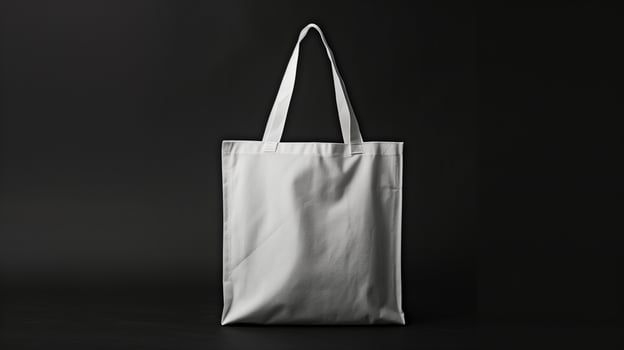 Plain white tote bag mockup against stark black background. Minimalistic simplicity. Recycled blank bag template advertising image. Classic totebag mock up product photorealistic photo