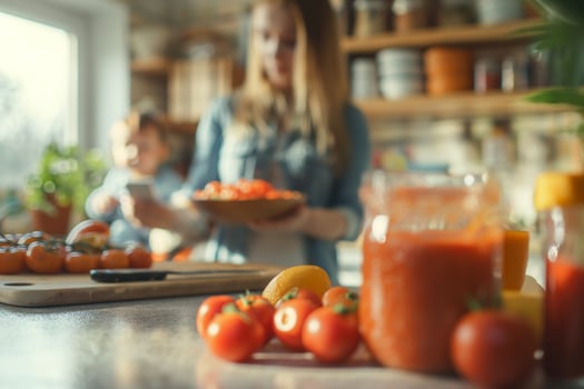 Mother Checking Baby Food Recipe on Smartphone in Kitchen photo