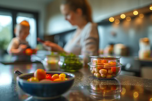 Mother Checking Baby Food Recipe on Smartphone in Kitchen photo
