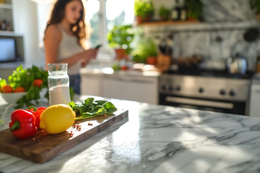 Woman Checking Recipe on Smartphone in Kitchen with Fresh Ingredients photo