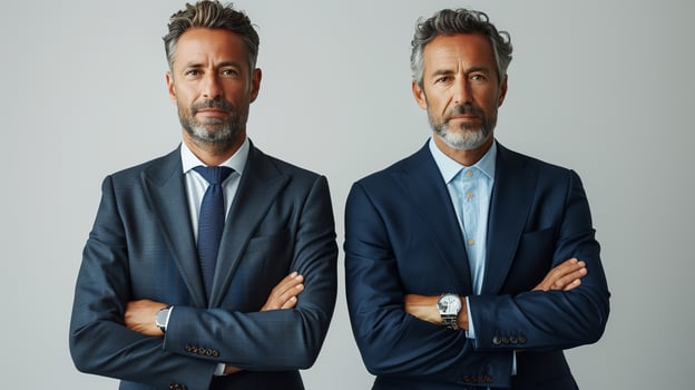 Portrait of successful businessmen, wearing suits, standing side by side. White background. photo