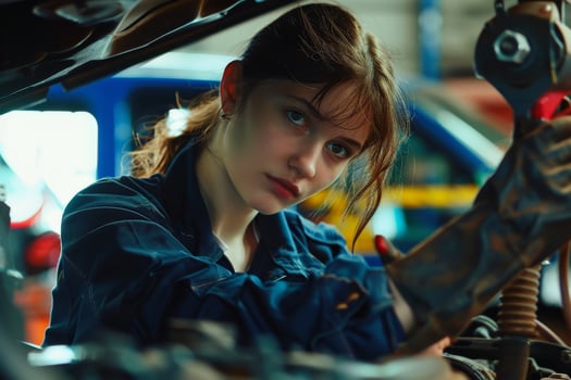 A female car mechanic at work. AI generate photo