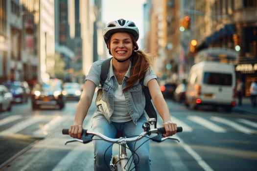 A young woman riding a bicycle through a bustling city street with a confident smile. AI generate photo