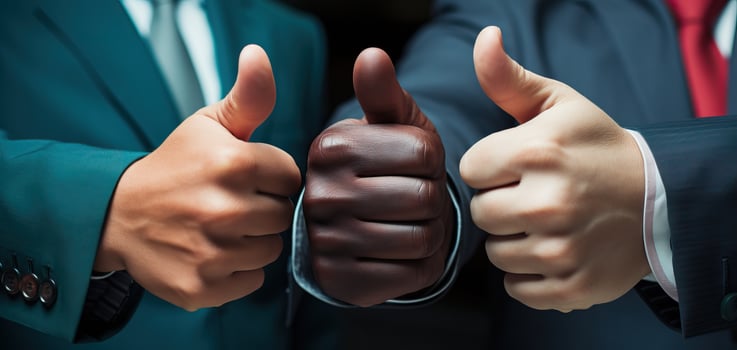 Diverse Business Team Giving Thumbs Up in Unity and Success photo