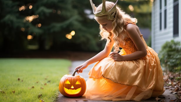 Little girl in princess costume lighting up a jack-o'-lantern on Halloween night. Concepts. Halloween, trick or treating, childhood, autumn photo